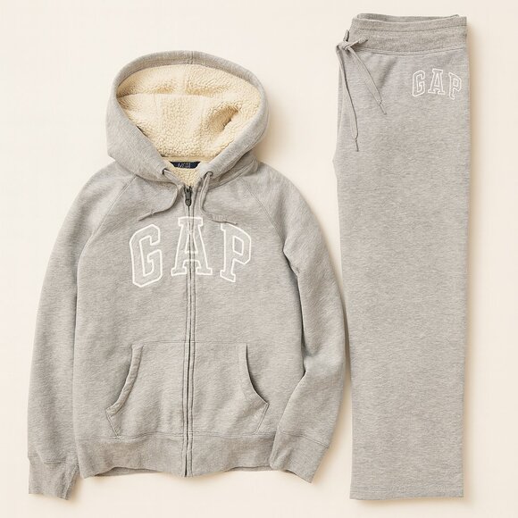 GAP Women’s Matching Set Sherpa Lined Hoodie Jacket Size L & Sweatpants Gray - Picture 1 of 9
